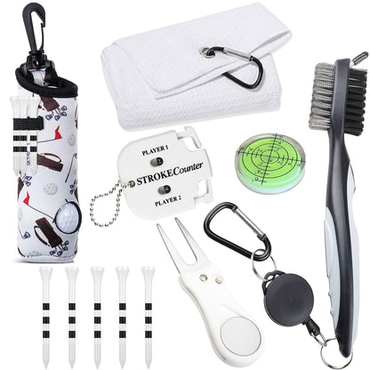7-piece men's golf accessory set, new golf cleaning kit:  Towel, Pouch, Brush, Level, Score Counter, Tee Tool