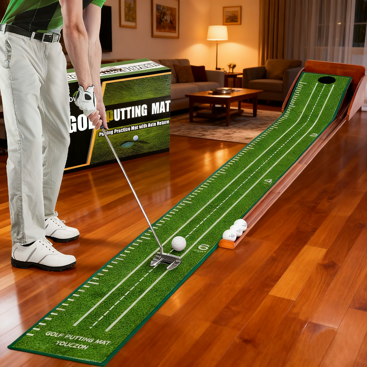 Putting Green Indoor | No Hump Golf Mat | Auto Ball Return | Easy To Fold Solid Wood Base | Luxurious Velvet Surface | Ideal For Home Office Golfers