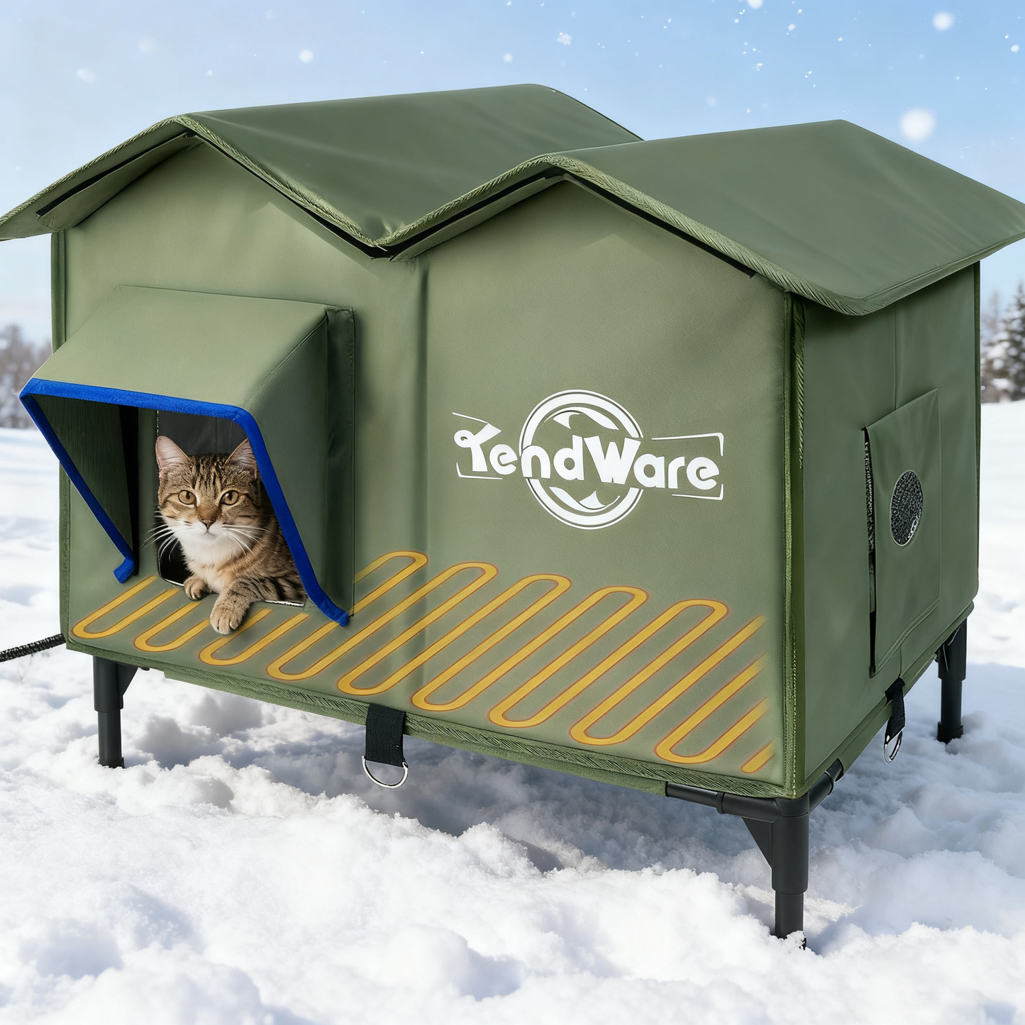 Outdoor Heated Cat House | Elevated Base | Cat-Attracting Eave Design | Feral Stray Shelter | Weatherproof For Winter | Garage Yard Porch Use | Size L