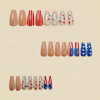 24pcs/set Short Medium square ballet fake nails tip for American Independence Day blue red flowers star flag press on false nail