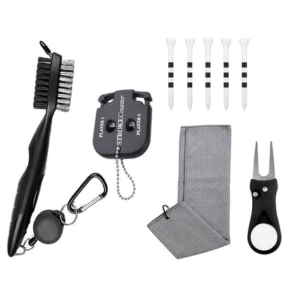 Complete Golf Cleaning Kit (with accessories): Club Cleaning Brush, Score Counter, Divot Tool, Microfiber Towel, and Wooden Tee Gift Set—Designed for Golf Enthusiasts.