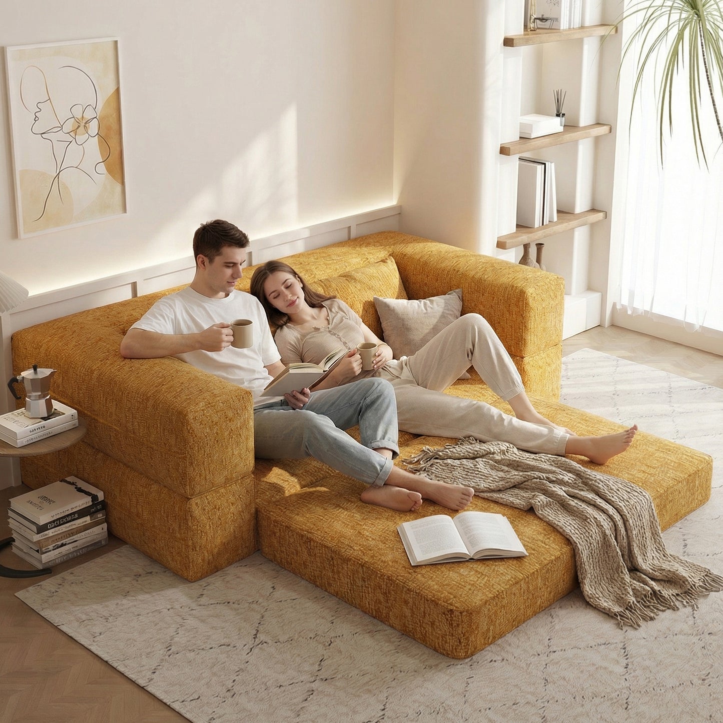 1.5m 1.8m 3-in-1 Chenille Vacuum Compressible Sofa Bed Home Foldable Floor Couch Soft Loveseat Lazy Sofa For Living Room Bedroom