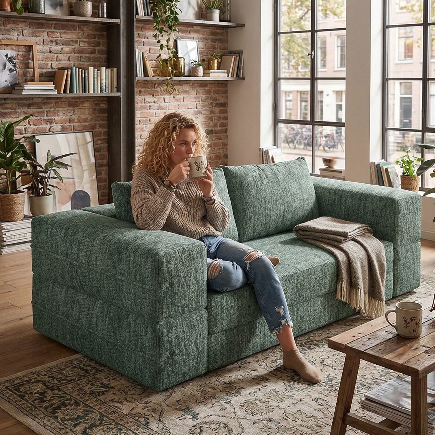 1.5m 1.8m 3-in-1 Chenille Vacuum Compressible Sofa Bed Home Foldable Floor Couch Soft Loveseat Lazy Sofa For Living Room Bedroom