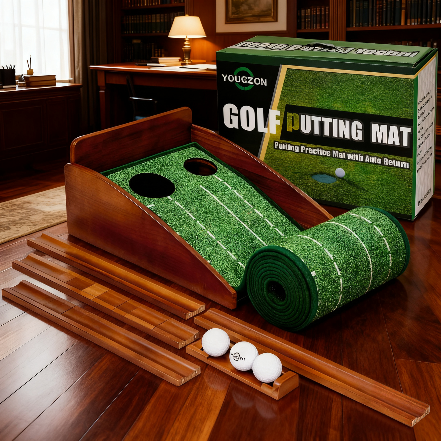 Putting Green Indoor | No Hump Golf Mat | Auto Ball Return | Easy To Fold Solid Wood Base | Luxurious Velvet Surface | Ideal For Home Office Golfers