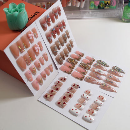 8-piece Set Luxury Rhinestone & Gold Accent Press-on Nails Set Reusable Fake Nails with Sparkle Crystals