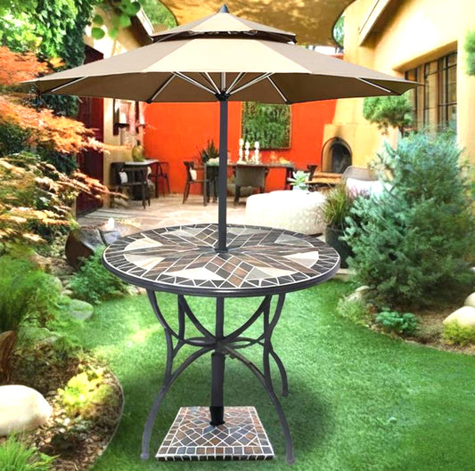 Large Round Garden Stone Table | Colorful Collage Art Tabletop for a Cozy Outdoor Space