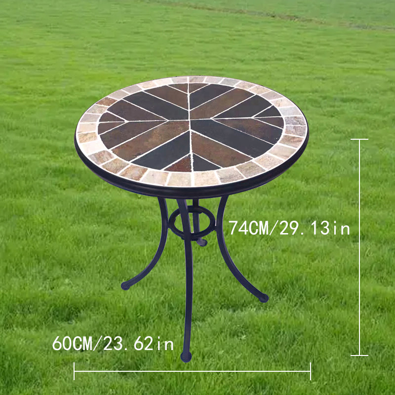 A small round stone table | with a colorful stone - inlaid tabletop and metal legs | an outdoor small round table to start a cozy leisure time.