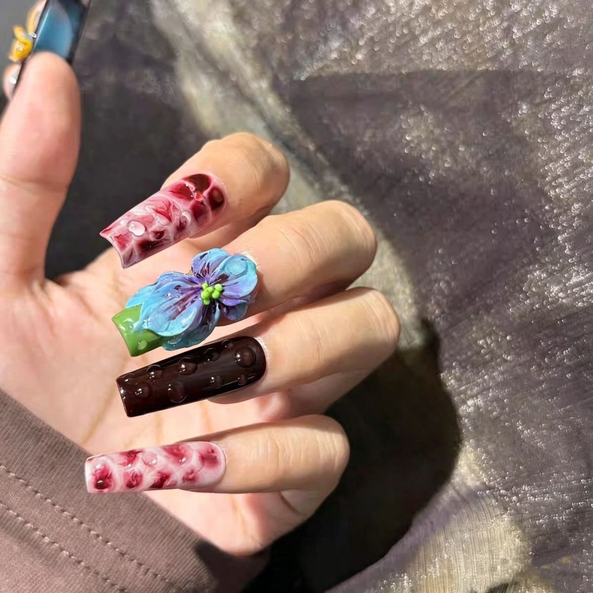 莫奈花园高级感穿戴甲 3D立体浮雕鸢尾花晕染款小众艺术感美甲