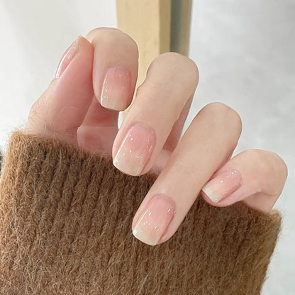 24Pcs Simple White Edge Press-On Nails | Reusable Short Square Full Cover Fake Nails with Glue