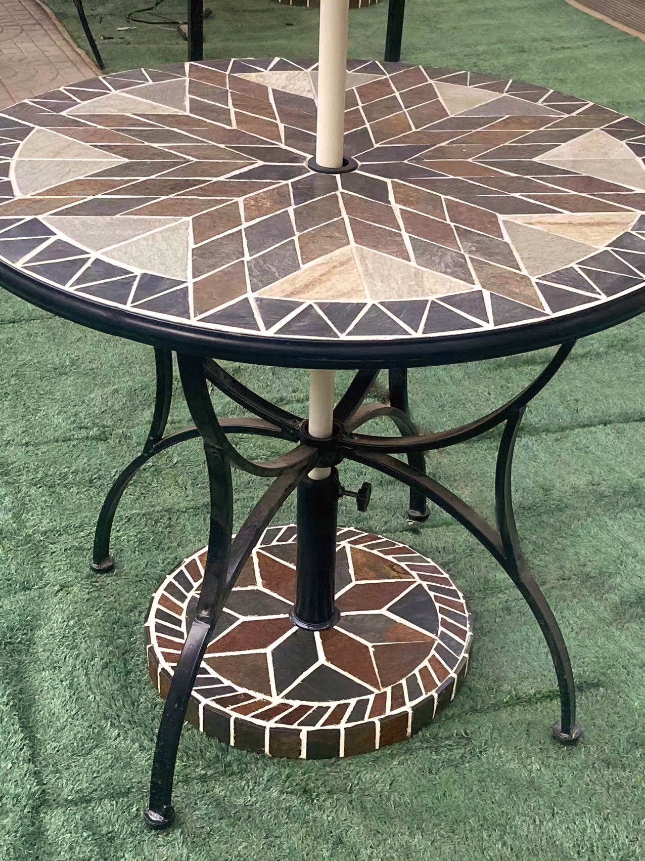 Large Round Garden Stone Table | Colorful Collage Art Tabletop for a Cozy Outdoor Space