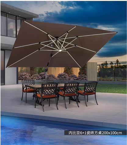 Large rectangular garden stone table, patio furniture, barbecue table, outdoor furniture, coffee and tea table, hard stone mosaic tabletop, wrought iron table frame with black paint finish.