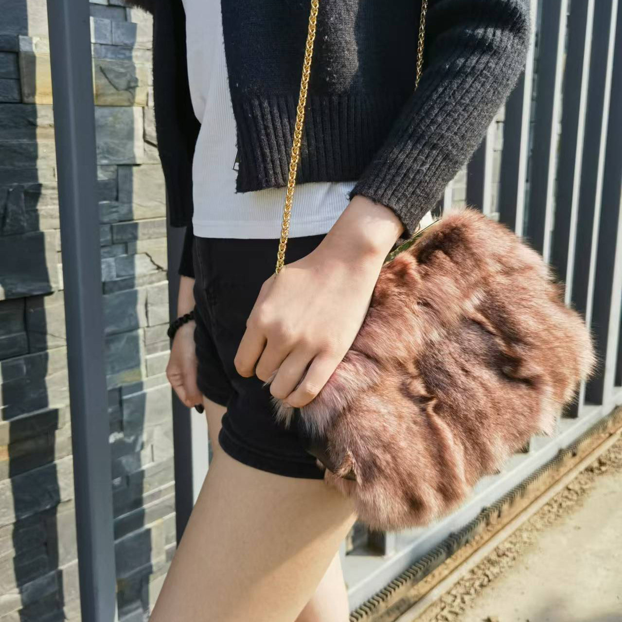 Luxury handbags. Ladies' pleated chain - shoulder bags. High - grade texture. Fluffy wallets. AND real mink - fur handbags.