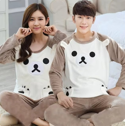 Autumn and winter essential couple pajamas set coral fleece soft and comfortable warm cartoon cute home clothes men and women cute winter flannel pajamas