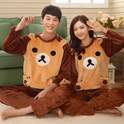 Autumn and winter essential couple pajamas set coral fleece soft and comfortable warm cartoon cute home clothes men and women cute winter flannel pajamas