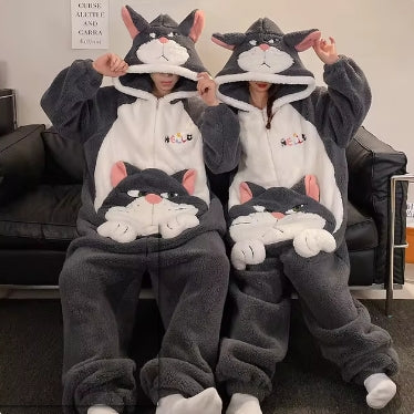 New Cartoon Pajamas For Couple Jumpsuit Christmas Winter Thickened Cute Plush Homewear Women Men Thicken Adult Cosplay Costumes