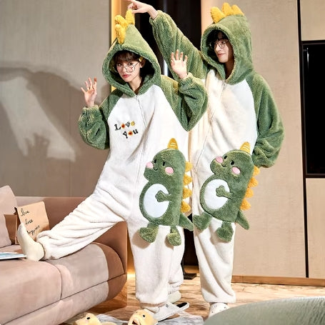 New Cartoon Pajamas For Couple Jumpsuit Christmas Winter Thickened Cute Plush Homewear Women Men Thicken Adult Cosplay Costumes