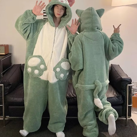 New Cartoon Pajamas For Couple Jumpsuit Christmas Winter Thickened Cute Plush Homewear Women Men Thicken Adult Cosplay Costumes