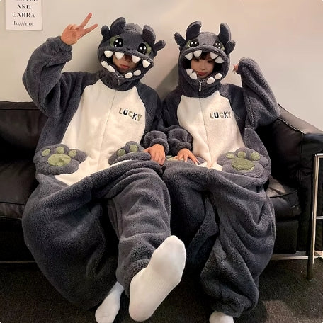 New Cartoon Pajamas For Couple Jumpsuit Christmas Winter Thickened Cute Plush Homewear Women Men Thicken Adult Cosplay Costumes