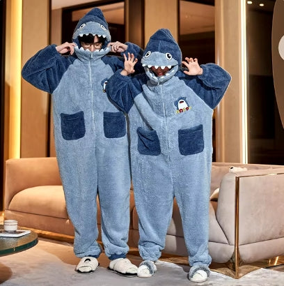 New Cartoon Pajamas For Couple Jumpsuit Christmas Winter Thickened Cute Plush Homewear Women Men Thicken Adult Cosplay Costumes