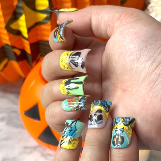 Halloween fantasy nail art stickers featuring pumpkin, skull, and snake elements