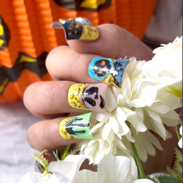 Halloween fantasy nail art stickers featuring pumpkin, skull, and snake elements