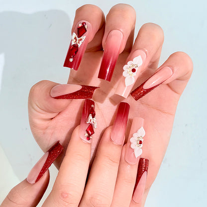 24Pcs Nude-Pink Red Diamond Floral Press-On Nails | Luxurious Wearable Manicure Set