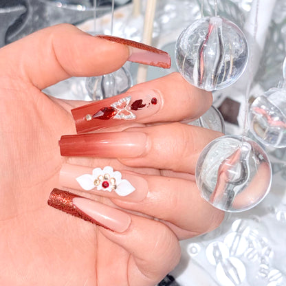 24Pcs Nude-Pink Red Diamond Floral Press-On Nails | Luxurious Wearable Manicure Set