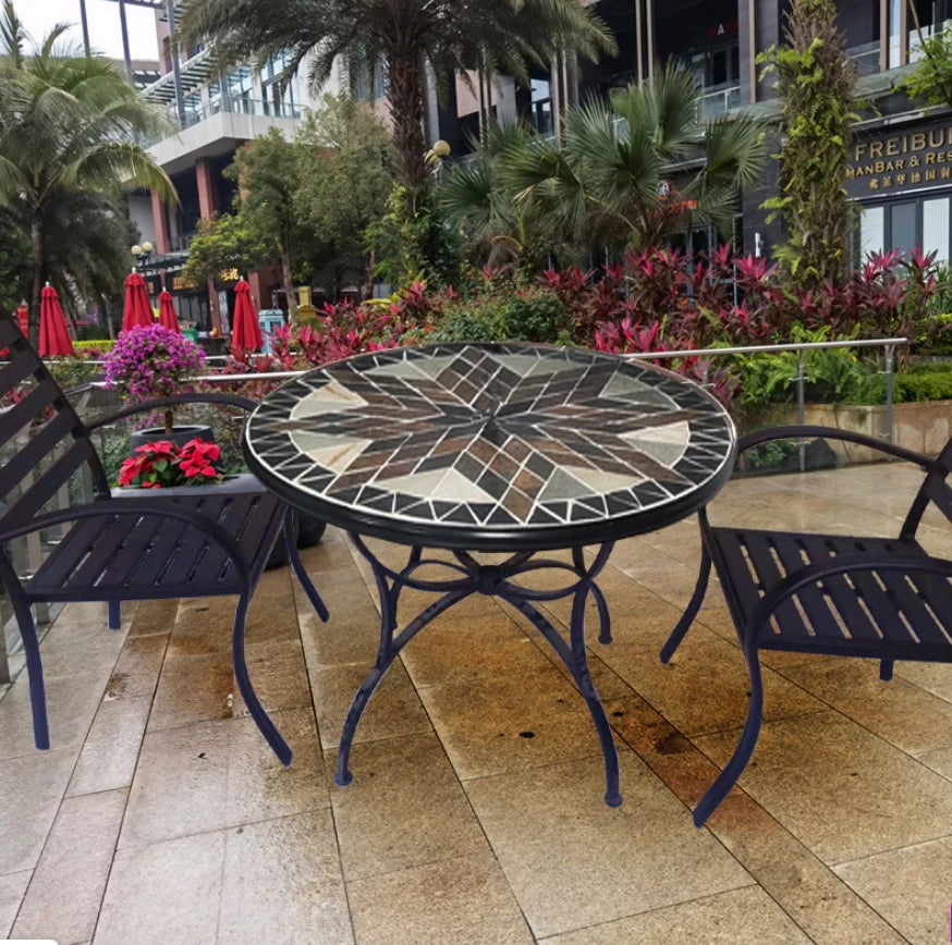 Large Round Garden Stone Table | Colorful Collage Art Tabletop for a Cozy Outdoor Space