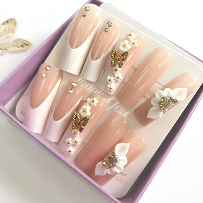 3-piece set, 36 nail tips  set of elegant and luxurious wearable press-on nails in nude with stunning black, red and decorative accents