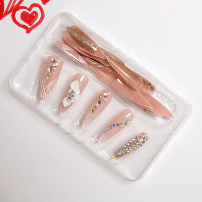 2-piece Set 24 Nail Set Tips Handmade Pink Rhinestone Accent Reusable Press-on Nails Set Fake Nails with Sparkle Crystal Diamonds