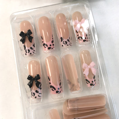 24 nail tips Leopard print meets bow nail stickers: sweet and cool fusion, fashionable and popular