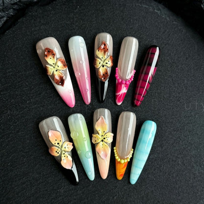 Hand-Painted 3D Carved Press-On Nails, Luxury Summer Macaron Finished Nail Stickers