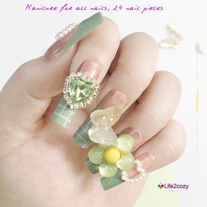 24 nail tips Artistic nail stickers: Spring elves meet pink and green, full of romance