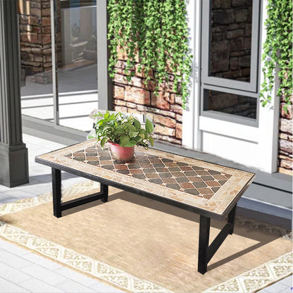 Art Collage Mosaic Stone Long Coffee Table | An Outdoor Exquisite Tea Table | Patio Furniture Barbecue Table Coffee Table | Wrought Iron Table Frame with Black Paint Finish.