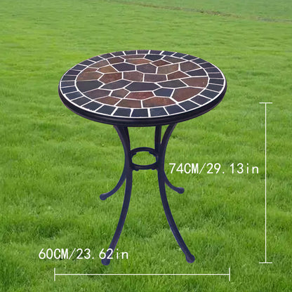 A small round stone table | with a colorful stone - inlaid tabletop and metal legs | an outdoor small round table to start a cozy leisure time.