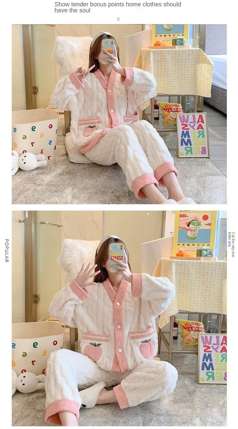 Thickened warm pink peach coral velvet 2-piece set sweet sleepwear casual wear winter women's cardigan pajamas fashion home wear