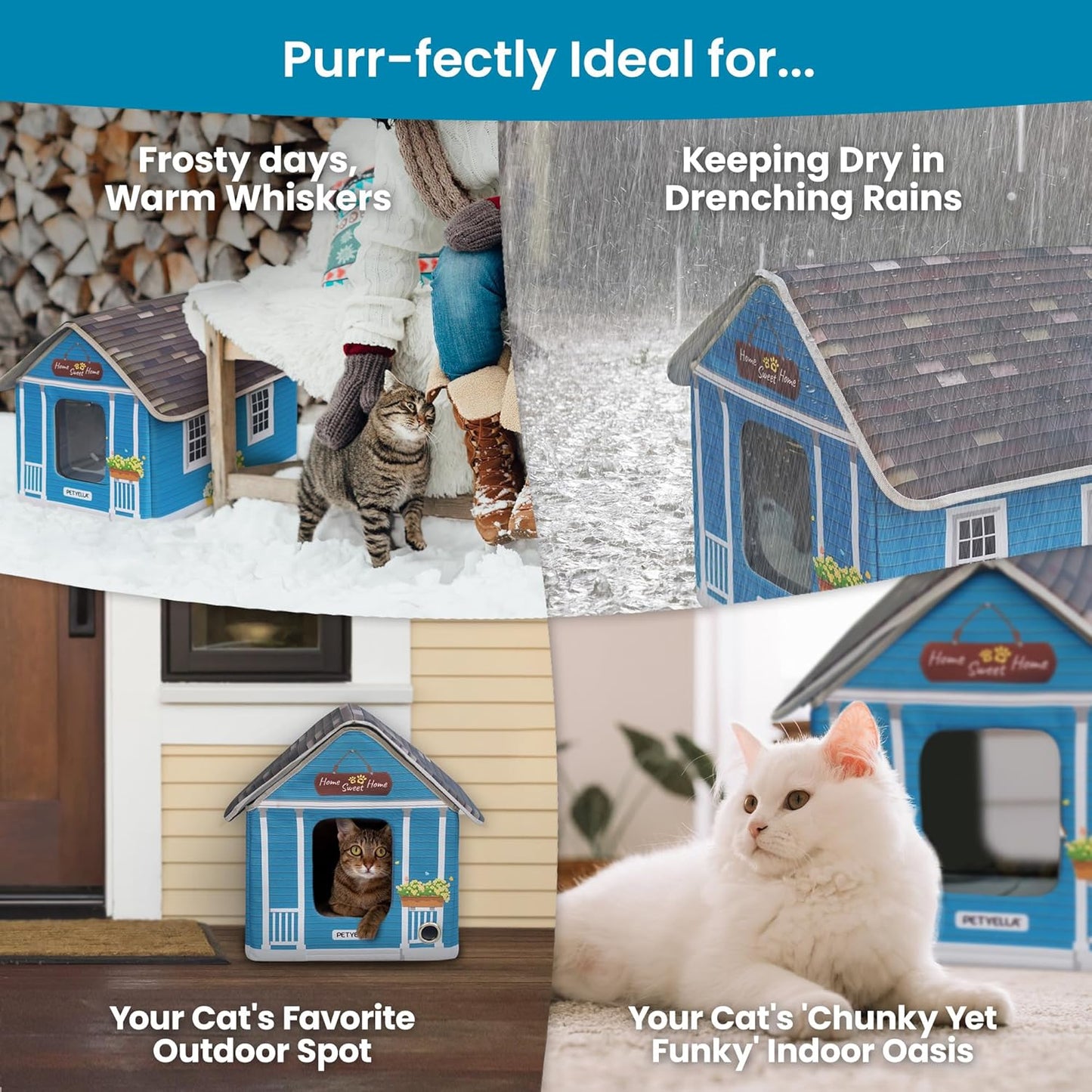 Deluxe Heated Cat House For Winter | Weatherproof & Insulated | Easy Assembly | Cat Heating Pad | Dual Escape Doors | Outdoor & Indoor Use | Blue Tiles Pethouse