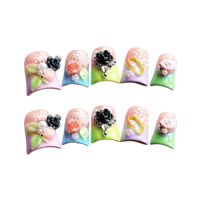 Dreamy Flower Nail Stickers & Sparkling Diamond Decor Wearable Nails | Romantic Glitter Nail Art