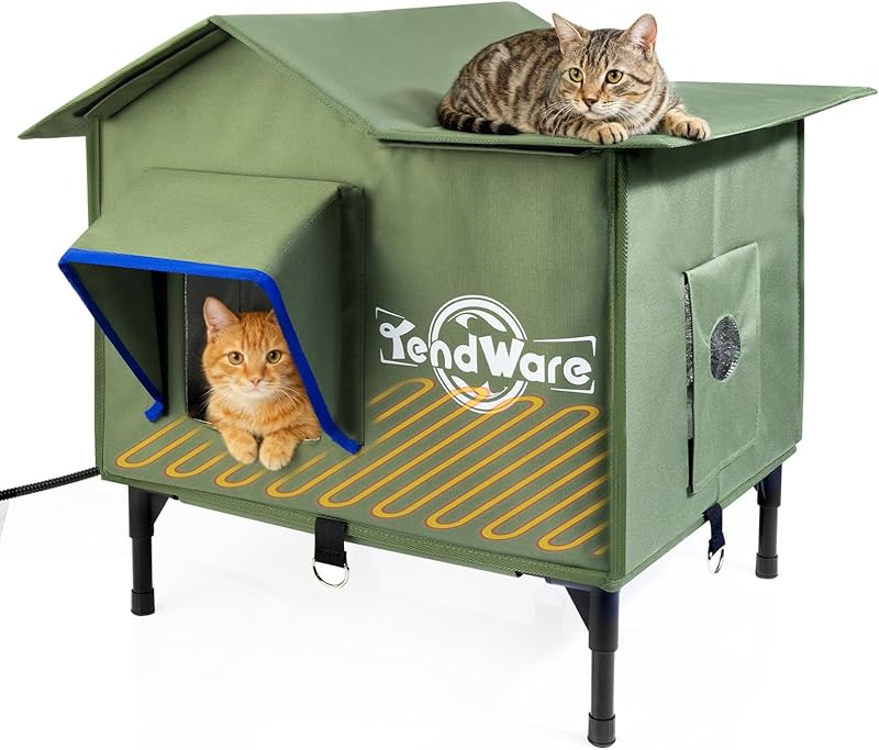 Outdoor Heated Cat House | Elevated Base | Cat-Attracting Eave Design | Feral Stray Shelter | Weatherproof For Winter | Garage Yard Porch Use | Size L