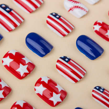 24Pcs Independence Day Glossy Square Press-On Nails | American Flag False Nail Tips