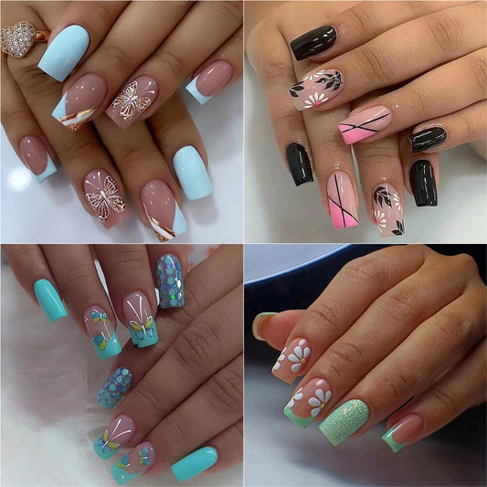4 Packs/96 Pcs Medium-Long Square Blue-Green Butterfly Nail Set, Fresh and Natural with Gold Lines, for Casual Daily Wear