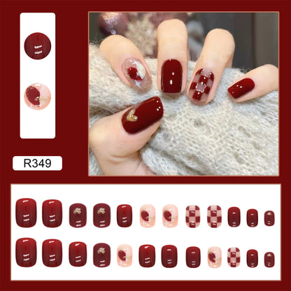 24Pcs Wearable Removable False Nails | Red Sweetheart Whitening Chessboard Love Nail Art Stickers