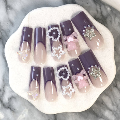 24 pcs Precious pieces Purple - pink gradient nail stickers, adorned with pearls, stars and bows, encounter a fairy tale on your fingertips.