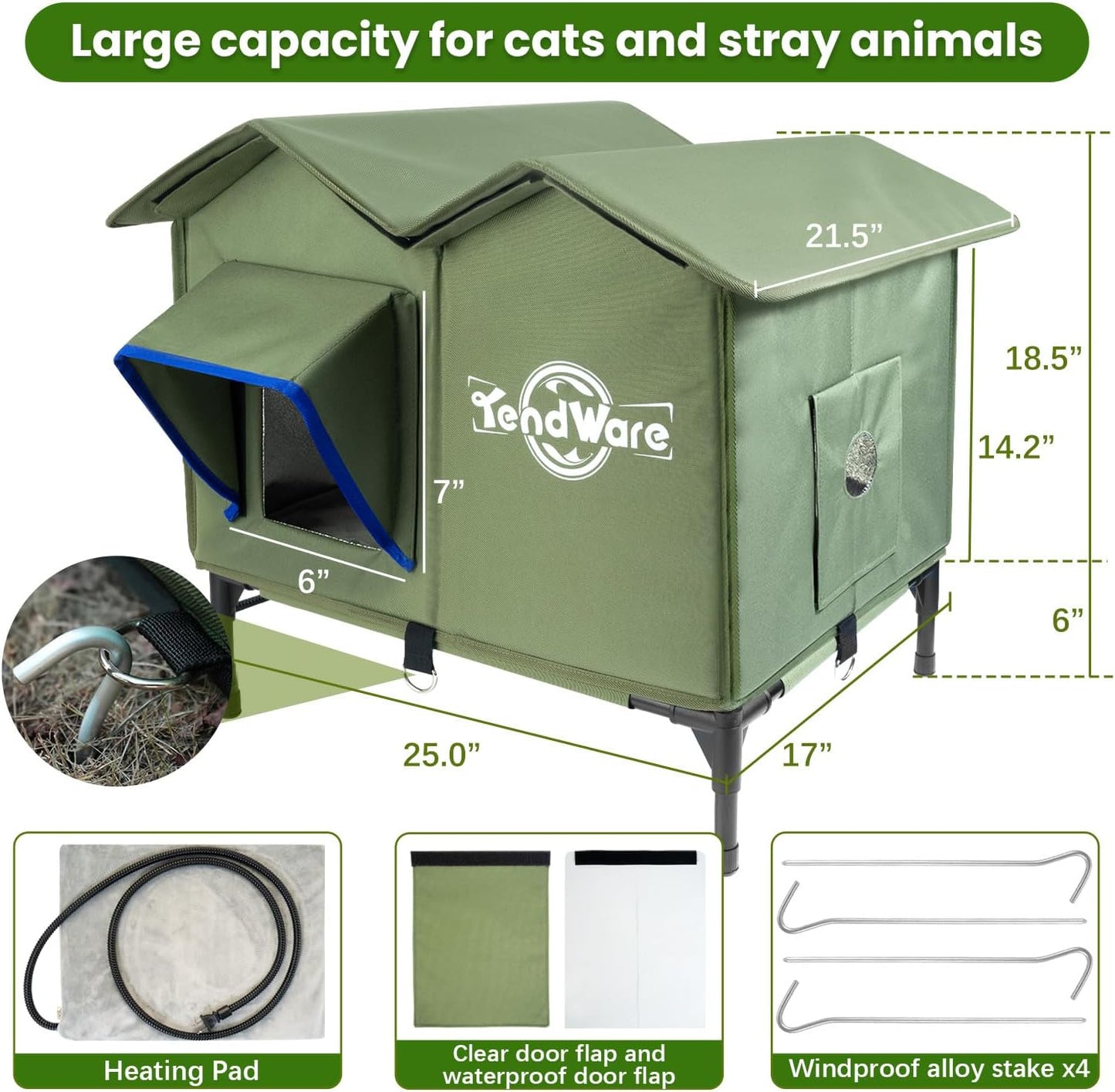 Outdoor Heated Cat House | Elevated Base | Cat-Attracting Eave Design | Feral Stray Shelter | Weatherproof For Winter | Garage Yard Porch Use | Size L