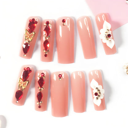 24-Piece Burgundy Diamond Carving Nails | 3D Petals & Micro-Diamonds