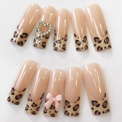 24 nail tips Leopard print meets bow nail stickers: sweet and cool fusion, fashionable and popular