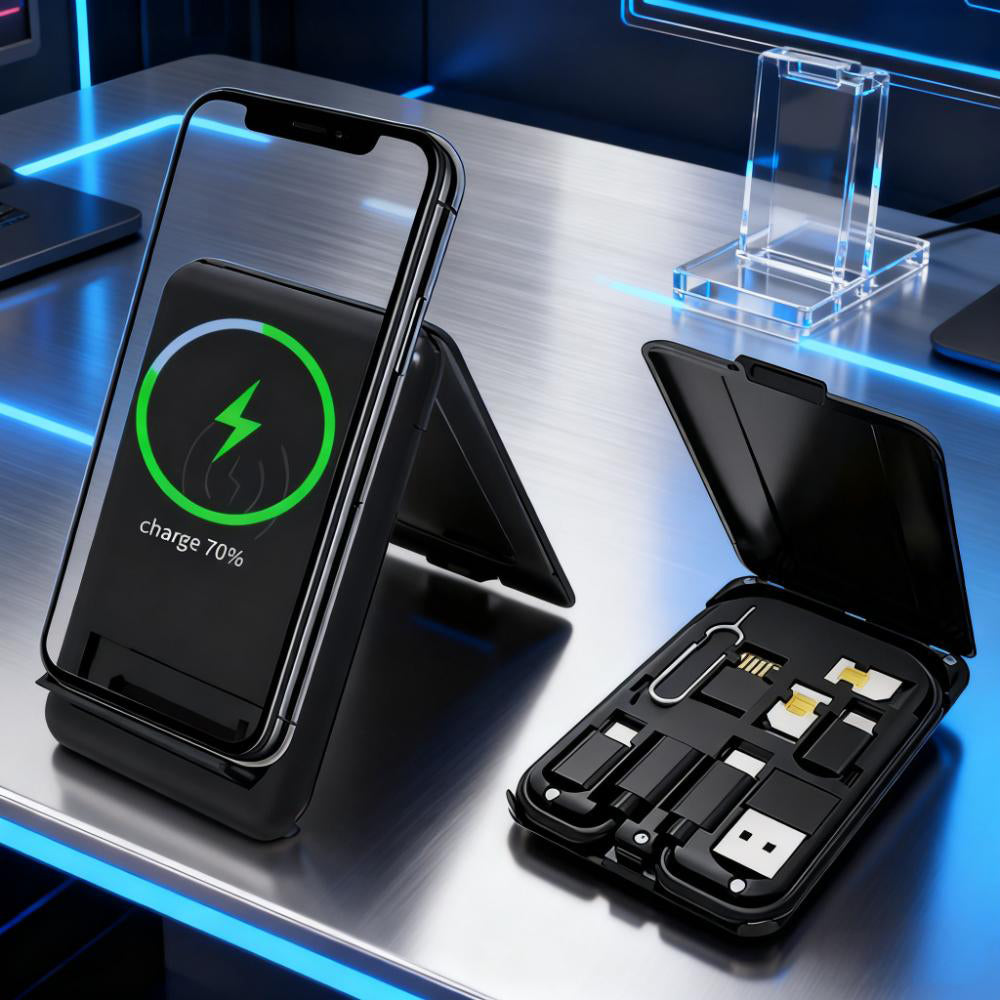 9 In 1 Fast Wireless Charger Stand Multi Cable Adapter Needle Card Storage Box