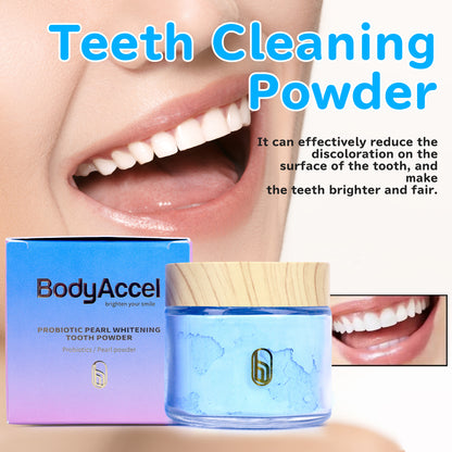 Whitening tooth powder, teeth whitening, oral care, whitening effect, teeth cleaning, stain removal, natural ingredients, fine powder texture, fresh breath, used in the morning and evening to enhance appearance, convenient packaging.