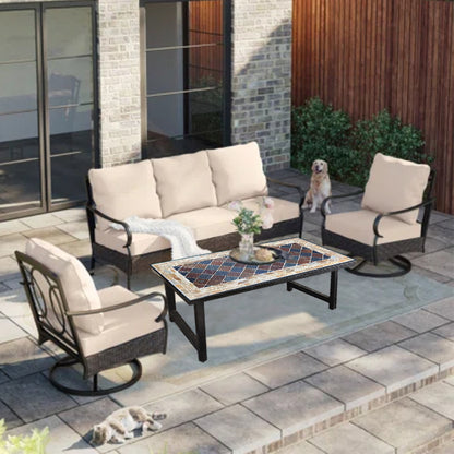 Art Collage Mosaic Stone Long Coffee Table | An Outdoor Exquisite Tea Table | Patio Furniture Barbecue Table Coffee Table | Wrought Iron Table Frame with Black Paint Finish.
