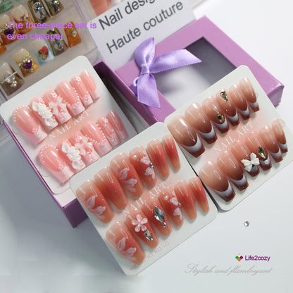 3-Piece Set 36 Nail Tips Set | Gradient Fantasy Nude Pink Press-On Nails | Flower Pearl Metal Decoration